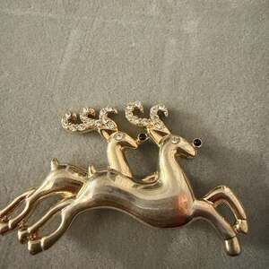 Vintage Gerry's Gold Christmas Reindeer Holly Rhinestone Brooch